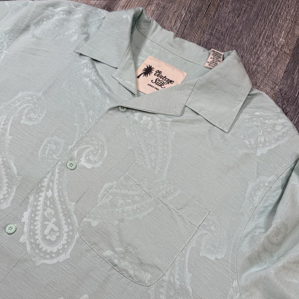 Vintage Silk Circa 1969 Mens XL Silk Camp Shirt Sage Green Paisley Hawaiian